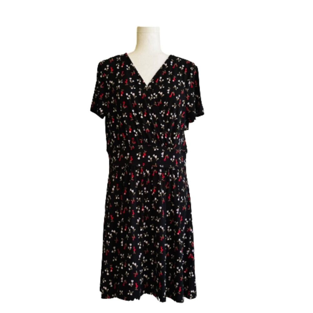 Lark & Ro Dress Black Red Floral V-Neck Short Sleeve Faux Wrap Dress Size 14 NEW